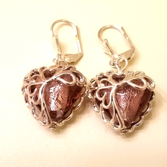✅Vecchia Murano Italian Hand-blown heart-shaped purple lilac glass beads earring - Picture 4 of 15